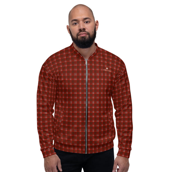 Red Plaid Print Bomber Jacket, Classic Preppy Traditional Style Premium Quality Modern Unisex Jacket For Men/Women With Pockets-Made in EU