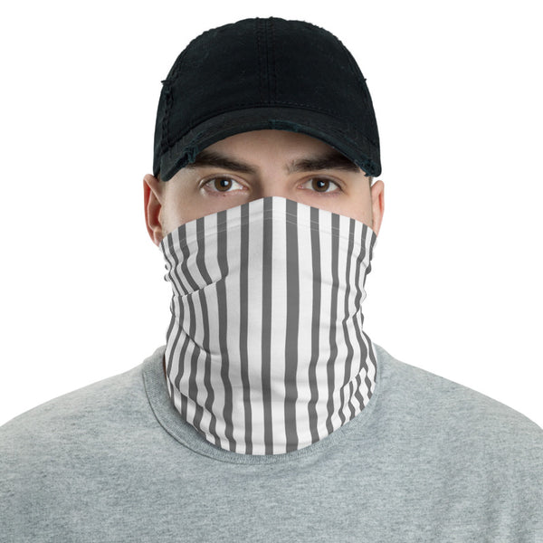 Grey Striped Face Mask Shield, White Grey Stripe Print Luxury Premium Quality Cool And Cute One-Size Reusable Washable Scarf Headband Bandana - Made in USA/EU, Face Neck Warmers, Non-Medical Breathable Face Covers, Neck Gaiters  