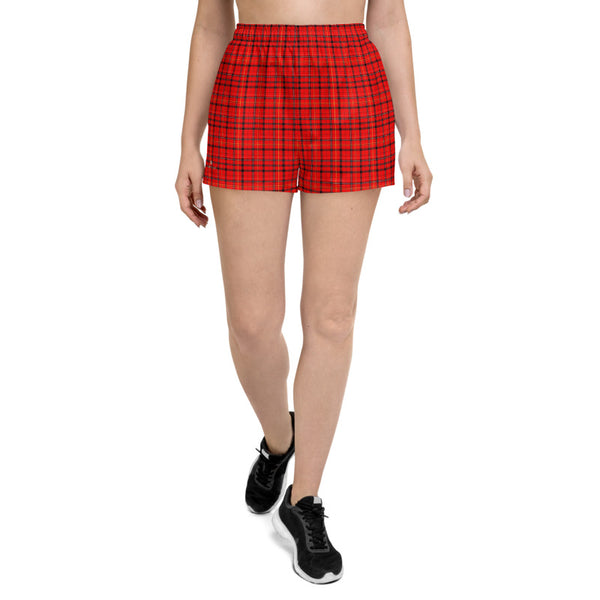 Red Plaid Women's Shorts, Scottish Plaid Tartan Print Designer Best Women's Athletic Running Short Printed Water-Repellent Microfiber Individually Sewn Shorts With Elastic Waistband With A Drawstring And Mesh Side Pockets - Made in USA/EU (US Size: XS-3XL) Running Shorts Womens, Printed Running Shorts, Plus Size Available, Perfect for Running and Swimming 