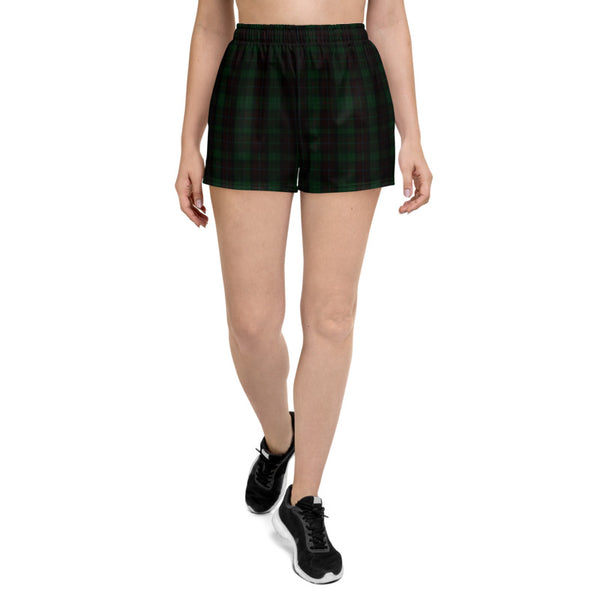 Dark Green Plaid Women's Shorts, Scottish Plaid Tartan Print Designer Best Women's Athletic Running Short Printed Water-Repellent Microfiber Individually Sewn Shorts With Elastic Waistband With A Drawstring And Mesh Side Pockets - Made in USA/EU (US Size: XS-3XL) Running Shorts Womens, Printed Running Shorts, Plus Size Available, Perfect for Running and Swimming 