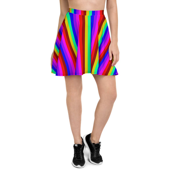 Rainbow Stripe Skater Skirt, Gay Pride Parade Best Colorful Women's Designer Polyester Spandex Mid-Thigh Length Elastic Waistband Skater Skirt, Made in USA/ Europe (US Size: XS-3XL)
