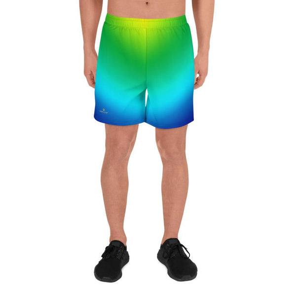 Radial Blue Green Bright Rainbow Ombre Print Men's Athletic Long Shorts- Made in EU-Men's Long Shorts-Heidi Kimura Art LLC