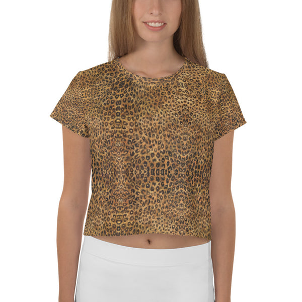 Brown Leopard Women's Crop Tee, Animal Print Cropped Short T-Shirt Outfit, Crop Tee Top Women's T-Shirt, Made in Europe, (US Size: XS-3XL) Plus Size Available 