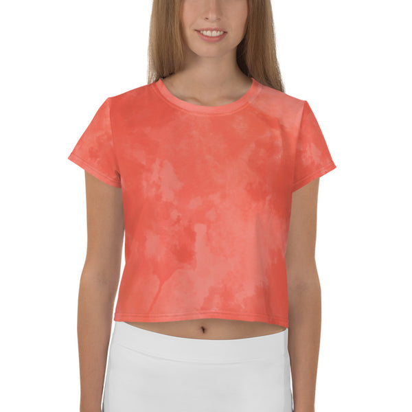 Coral Tie Dye Crop Tee, Coral Orange Pink Abstract Cropped Short T-Shirt Outfit, Crop Tee Top Women's T-Shirt, Made in Europe, (US Size: XS-3XL) Plus Size Available 