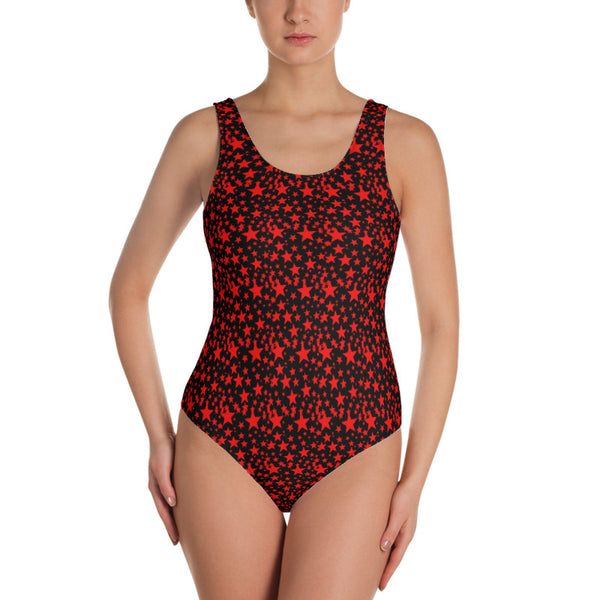Red Star Print Women's Swimwear, Black Red Stars Pattern Women's One-Piece Swimwear Bathing Suits Sexy Luxury Beach Wear - Made in USA/EU (US Size: XS-3XL) Plus Size Available