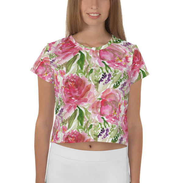 Pink Rose Crop Tee, Floral Flower Print Cropped Short T-Shirt Outfit, Crop Tee Top Women's T-Shirt, Made in Europe, (US Size: XS-3XL) Plus Size Available 