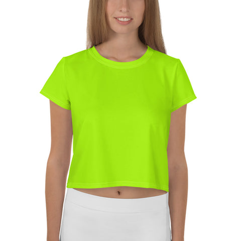 Neon Green Women's Crop Tee, Ladies Solid Color Modern Cropped Short T-Shirt Outfit, Crop Tee Top Women's T-Shirt, Made in Europe, (US Size: XS-3XL) Plus Size Available 