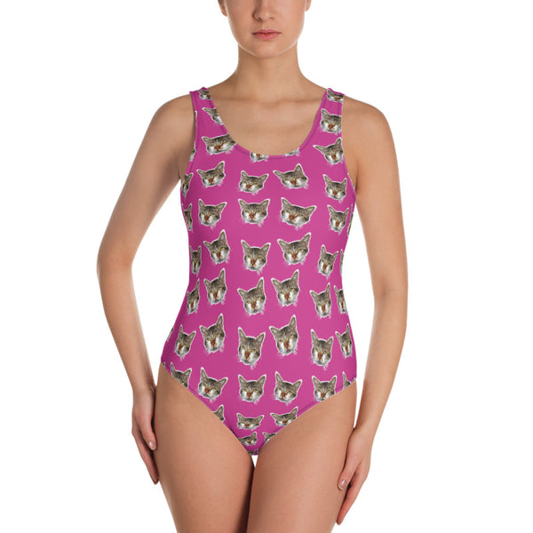 Pink Cat Women's Swimwear,  Cute One-Piece Swimsuit For Cat Ladies, Cat Print Bathing Suits Sexy Luxury Beach Wear - Made in USA/EU (US Size: XS-3XL) Plus Size Available