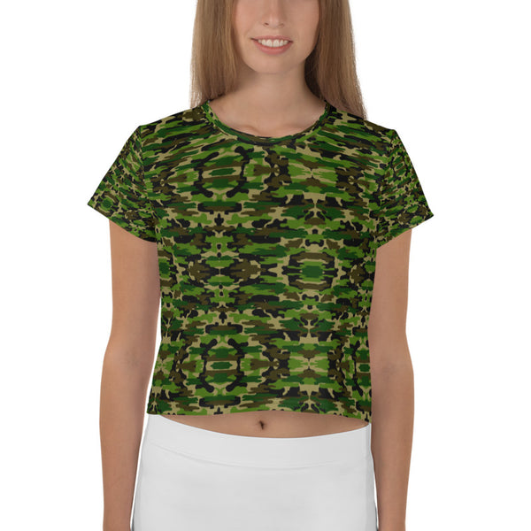 Green Camo Crop Tee, Army Military Camouflage Amy Cropped Short T-Shirt Outfit, Crop Tee Top Women's T-Shirt, Made in Europe, (US Size: XS-3XL) Plus Size Available 