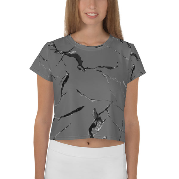 Grey Marble Crop Tee, Marble Print Cropped Short T-Shirt Outfit, Crop Tee Top Women's T-Shirt, Made in Europe, (US Size: XS-3XL) Plus Size Available 