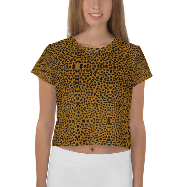 Brown Cheetah Crop Tee, Animal Print Sexy Cropped Short T-Shirt Outfit, Crop Tee Top Women's T-Shirt, Made in Europe, (US Size: XS-3XL) Plus Size Available