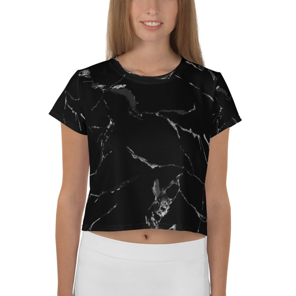 Black Marble Crop Tee, Marble Print Cropped Short T-Shirt Outfit, Crop Tee Top Women's T-Shirt, Made in Europe, (US Size: XS-3XL) Plus Size Available 