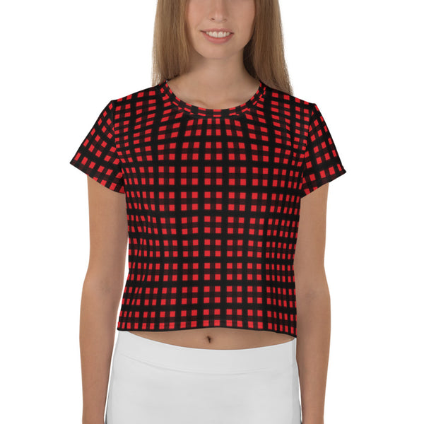Red Buffalo Crop Tee, Flannel Plaid Print Classic Preppy Cropped Short T-Shirt Outfit, Crop Tee Top Women's T-Shirt, Made in Europe, (US Size: XS-3XL) Plus Size Available 
