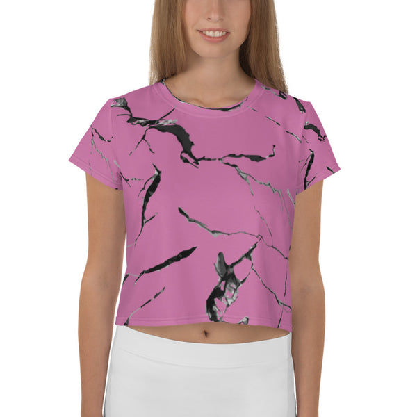 Pink Marble Crop Tee, Marble Print Cropped Short T-Shirt Outfit, Crop Tee Top Women's T-Shirt, Made in Europe, (US Size: XS-3XL) Plus Size Available 
