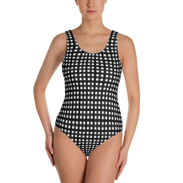 Black Buffalo Plaid Women's Swimsuit, Classic Plaid Print Luxury 1-Piece Swimwear Bathing Suits, Beach Wear - Made in USA/EU (US Size: XS-3XL) Plus Size Available
