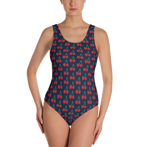 Blue Cherries One-Piece Swimsuit, Red Cherry Pattern Modern Cute Luxury 1-Piece Unpadded Swimwear Bathing Suits, Beach Wear - Made in USA/EU (US Size: XS-3XL) Plus Size Available