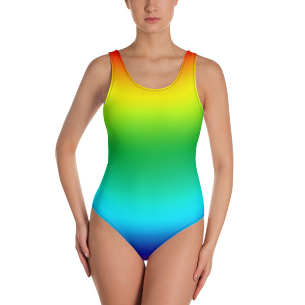 Rainbow Ombre Women's Swimwear, Bright Colorful Gay Pride Women's One-Piece Swimwear Bathing Suits Sexy Luxury Beach Wear - Made in USA/EU (US Size: XS-3XL) Plus Size Available
