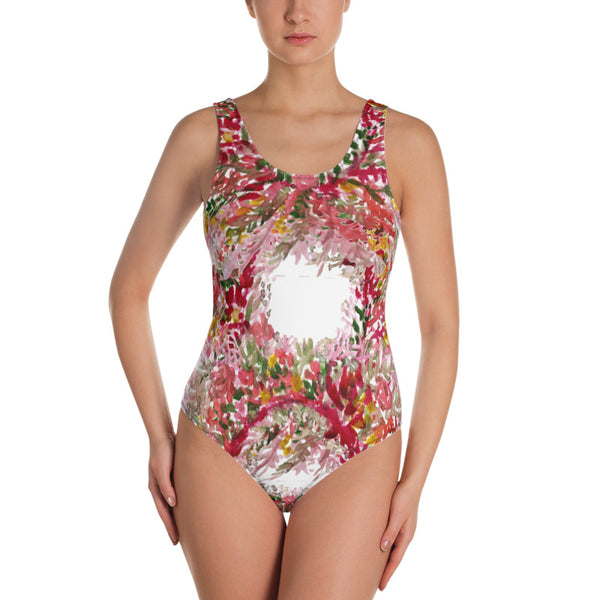 Red Floral Women's Swimwear, Autumn Flowers Floral Print Women's Luxury 1-Piece Swimwear Bathing Suits, Beach Wear - Made in USA/EU (US Size: XS-3XL) Plus Size Available