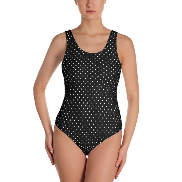 Polka Dots One-Piece Swimsuit, Women's White Black Dotted Swimsuit-Made in USA/EU-Heidi Kimura Art LLC-Heidi Kimura Art LLC Polka Dots One-Piece Swimsuit, Women's White Black Dotted Print Luxury 1-Piece Swimwear Bathing Suits, Beach Wear - Made in USA/EU (US Size: XS-3XL) Plus Size Available