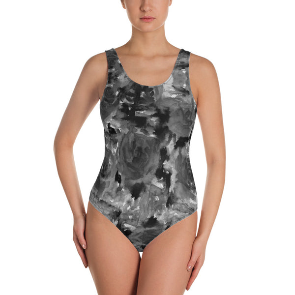 Grey Rose One-Piece Swimsuit, Abstract Rose Floral Print Women's Swimwear-Heidi Kimura Art LLC-Heidi Kimura Art LLC