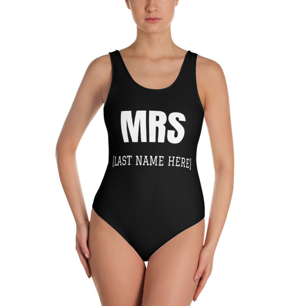 Custom Last Name Brides Swimwear, MRS. Name Women's 1-Piece Swimsuit- Made in USA-Swimwear-Heidi Kimura Art LLC
