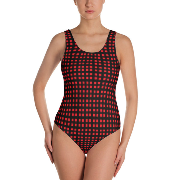 Red Buffalo Plaid Women's Swimwear, Classic One-Piece Plaid Print Women's One-Piece Swimwear Bathing Suits Sexy Luxury Beach Wear - Made in USA/EU (US Size: XS-3XL) Plus Size Available