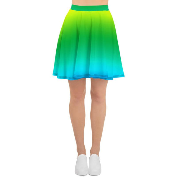 Blue Green Radial Ombre Print Mid-Thigh Soft Women's Skater Skirt- Made in USA/EU-Skater Skirt-Heidi Kimura Art LLC