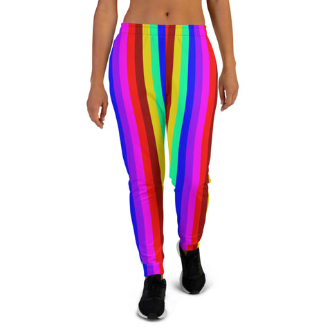 Rainbow Stripe Women's Joggers, Best LGBTQ Friendly Gay Pride Skinny Ladies' Sweatpant Premium Slim Fit Soft Women's Joggers Sweatpants -Made in EU/MX (US Size: XS-3XL) Plus Size Available, Soft Joggers Pants Womens