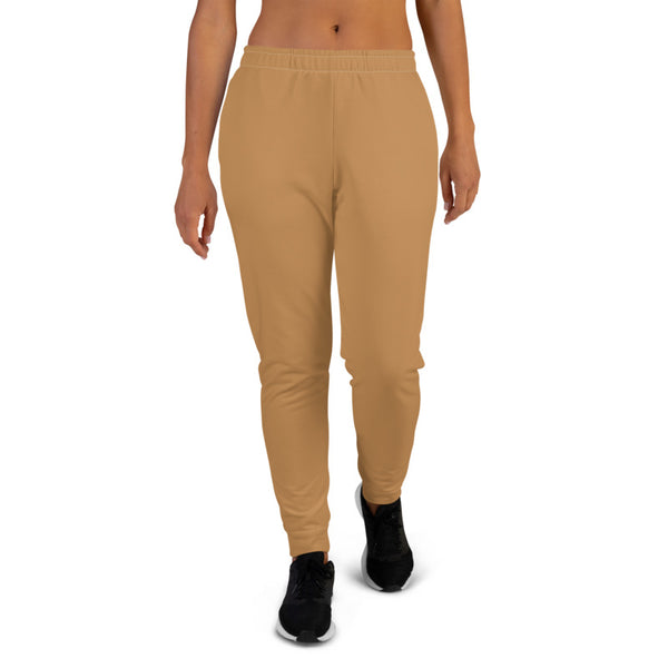Tan Brown Yellow Women's Joggers, Solid Color Print Premium Printed Skinny Slit Fit Soft Women's Joggers Sweatpants -Made in EU (US Size: XS-3XL) Plus Size Available, Solid Coloured Women's Joggers, Soft Joggers Pants Womens, Brown Womens Joggers Casual Skinny Best Joggers