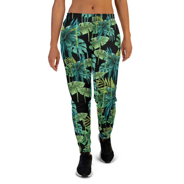 Black Tropical Women's Joggers, Green Tropical Leaf Print Slim Fit Soft Women's Joggers Sweatpants -Made in EU (US Size: XS-3XL) Plus Size Available, Women's Joggers, Soft Joggers Pants Womens, Women's Long Joggers, Women's Soft Joggers, Lightweight Jogger Pants Women's, Women's Athletic Joggers, Women's Jogger Pants
