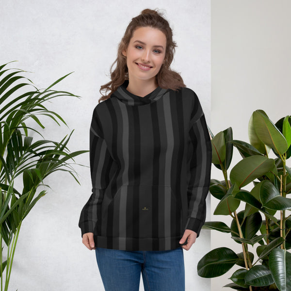 Black Gray Striped Hoodie, Vertical Stripe Print Premium Unisex Sweatshirt-Made in EU-Unisex Hoodie-Heidi Kimura Art LLC