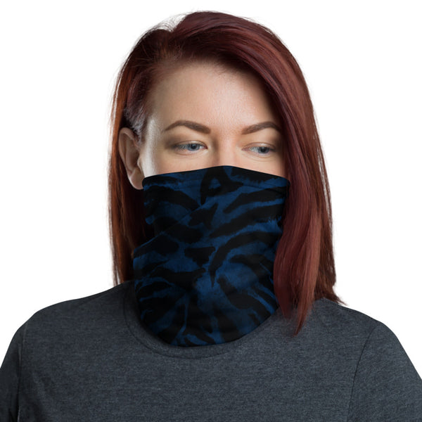Blue Tiger Striped Face Mask Shield, Navy Blue Animal Print Luxury Premium Quality Cool And Cute One-Size Reusable Washable Scarf Headband Bandana - Made in USA/EU, Face Neck Warmers, Non-Medical Breathable Face Covers, Neck Gaiters  