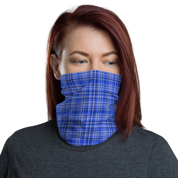Blue Plaid Face Mask Shield, Plaid Tartan Print Luxury Premium Quality Cool And Cute One-Size Reusable Washable Scarf Headband Bandana - Made in USA/EU, Face Neck Warmers, Non-Medical Breathable Face Covers, Neck Gaiters  