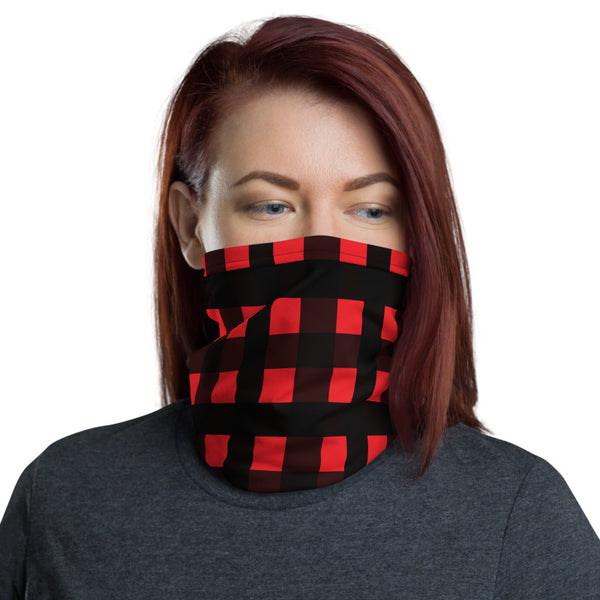 Red Buffalo Face Mask Coverings, Plaid Print Luxury Premium Quality Cool And Cute One-Size Reusable Washable Scarf Headband Bandana - Made in USA/EU, Face Neck Warmers, Non-Medical Breathable Face Covers, Neck Gaiters, Non-Medical Face Coverings 