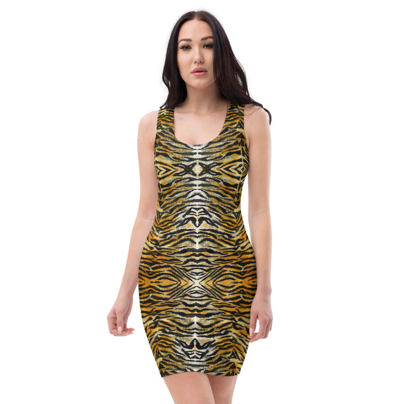 Orange Tiger Stripe Print Dress, Animal Print Wild Women's Party Dress-Made in USA/EU | Heidikimurart Limited Orange Tiger Stripe Print Dress, Animal Print Wild Women's Party Dress-Made in USA/EU | Heidikimurart Limited