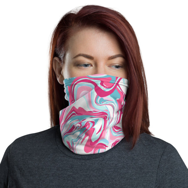 Pink Blue Marble Neck Gaiter, Abstract Face Mask Shield, Luxury Premium Quality Cool And Cute One-Size Reusable Washable Scarf Headband Bandana - Made in USA/EU, Face Neck Warmers, Non-Medical Breathable Face Covers, Neck Gaiters  