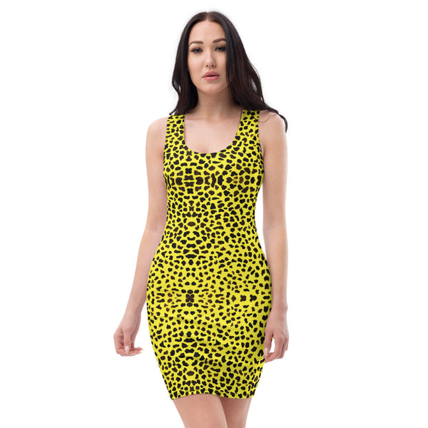 Yellow Leopard Print Dress, Women's Animal Print Designer Dress-Made in USA/EU-Heidi Kimura Art LLC-Heidi Kimura Art LLC Yellow Leopard Print Dress, Women's Leopard or Cheetah Animal Print Women's Long Sleeveless Designer Premium Dress - Made in USA/EU (US Size: XS-XL)