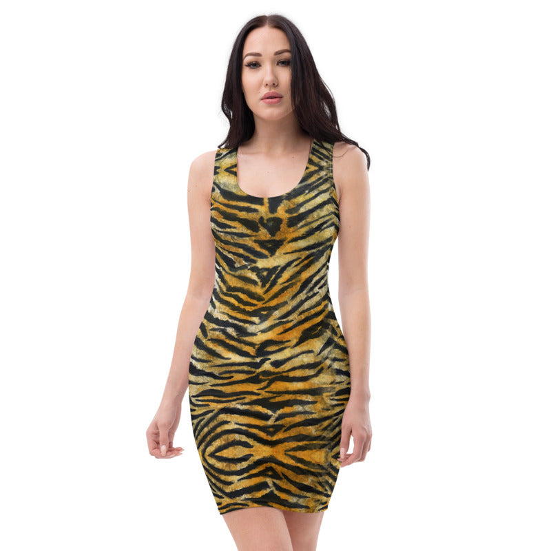 Orange Tiger Stripe Women's Dress, Sexy Animal Print Designer Party Dress-Made  in USA/EU
