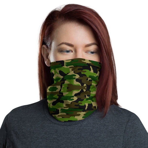 Green Camo Face Mask Shield, Army Camouflage Military Print Luxury Premium Quality Cool And Cute One-Size Reusable Washable Scarf Headband Bandana - Made in USA/EU, Face Neck Warmers, Non-Medical Breathable Face Covers, Neck Gaiters  