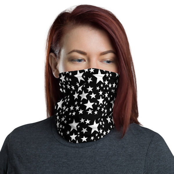 White Black Stars Face Mask Coverings, Star Pattern Print Luxury Premium Quality Cool And Cute One-Size Reusable Washable Scarf Headband Bandana - Made in USA/EU, Face Neck Warmers, Non-Medical Breathable Face Covers, Neck Gaiters, Non-Medical Face Coverings 