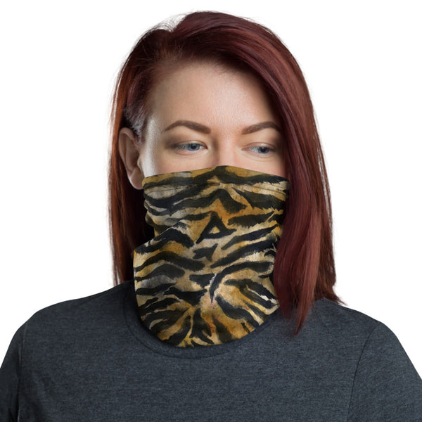 Brown Tiger Striped Neck Gaiter, Animal Print Face Mask Shield, Luxury Premium Quality Cool And Cute One-Size Reusable Washable Scarf Headband Bandana - Made in USA/EU, Face Neck Warmers, Non-Medical Breathable Face Covers, Neck Gaiters, Face Mouth Cloth Coverings  