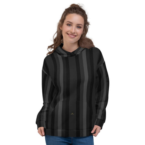 Black Gray Striped Hoodie, Vertical Stripe Print Premium Unisex Sweatshirt-Made in EU-Unisex Hoodie-XS-Heidi Kimura Art LLC