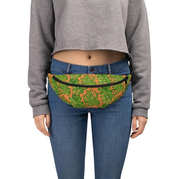 Orange Tropical Leaf Print Designer Waist Belt Bag Fanny Pack Waist Bag- Made in USA-Fanny Pack-Heidi Kimura Art LLC