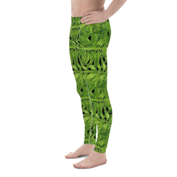 Hawaiian Style Black Green Tropical Leaf Print Men's Leggings Meggings- Made in USA/EU-Men's Leggings-Heidi Kimura Art LLC