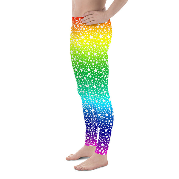Rainbow White Stars Meggings, Gay Pride Parade Men's Tights, Rainbow Ombre Star Print 38-40 UPF Fitted Elastic Men's Leggings Sexy Workout Compression Tights/ Pants- Made in USA/EU (US Size: XS-3XL)