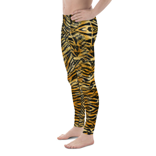 Orange Tiger Striped Meggings, Tiger Stripe Print Men's Leggings, Sexy Wild Exotic Animal Print 38-40 UPF Fitted Elastic Men's Leggings Meggings Sexy Workout Compression Tights/ Pants- Made in USA/EU (US Size: XS-3XL)