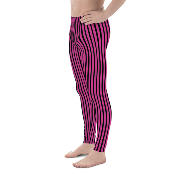 Hot Pink Black Stripe Print Premium Men's Circus Carnival Leggings Pants - Made in USA-Men's Leggings-Heidi Kimura Art LLC