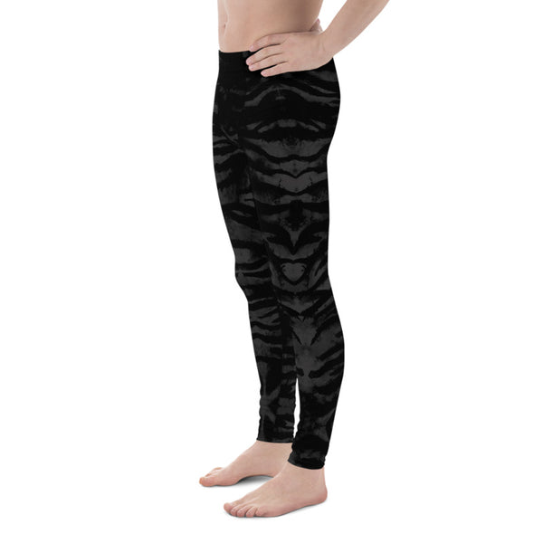 Black Tiger Stripe Meggings, Animal Print Premium Elastic Comfy Men's Leggings Fitted Tights Pants - Made in USA/EU (US Size: XS-3XL) Spandex Meggings Men's Workout Gym Tights Leggings, Compression Tights, Kinky Fetish Men Pants