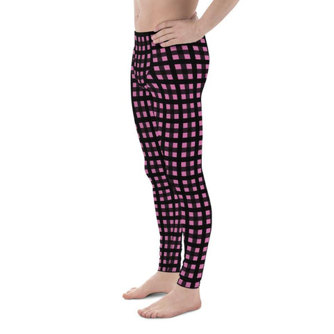 Light Pink Buffalo Plaid Meggings, Plaid Print Premium Men's Run Tights-Made in USA/EU-Men's Leggings-Heidi Kimura Art LLC