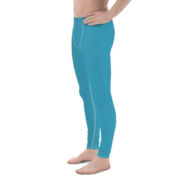 Deep Sky Blue Solid Color Premium Men's Leggings Spandex Meggings- Made in USA/EU-Men's Leggings-Heidi Kimura Art LLC